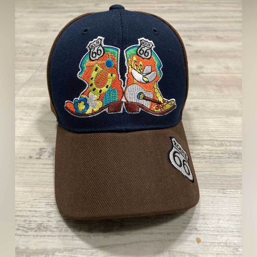 Route 66 Embroidered Hat - Size fits all - Brown and Navy Blue